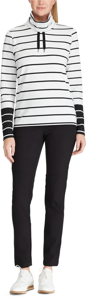 Striped Turtleneck Sweaterand Black Pants Fashion PNG Image