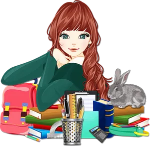 Student With Books And Bunny PNG