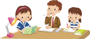 Students Studying Together Cartoon PNG Image