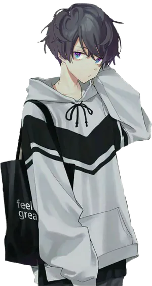 Stylish Anime Boywith Hoodieand Tote Bag PNG Image