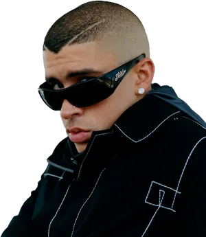 Stylish_ Artist_in_ Black_ Outfit_with_ Sunglasses PNG Image