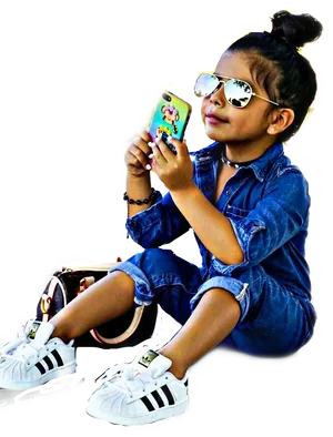 Stylish Kidwith Sunglassesand Smartphone PNG Image