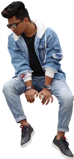 Stylish Man Sittingin Denim Outfit PNG Image