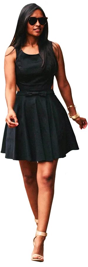 Stylish Woman Walkingin Black Dress PNG Image