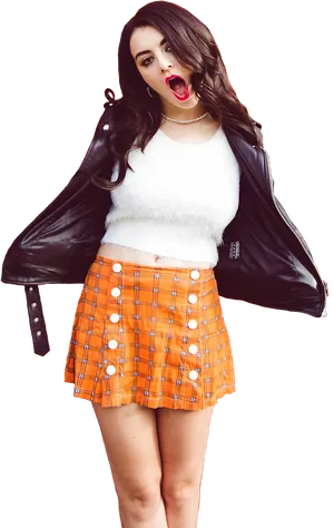 Stylish Womanin Leather Jacketand Plaid Skirt.png PNG Image