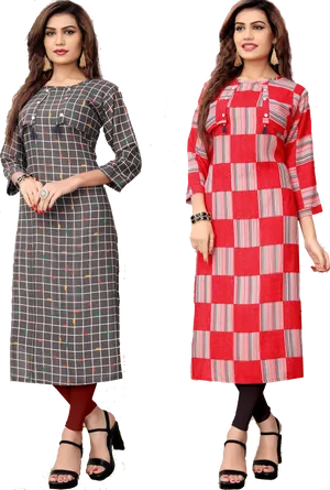 Stylish Womenin Plaid Kurtis PNG Image