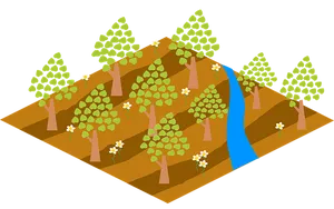 Stylized Farm Orchard River Illustration PNG Image