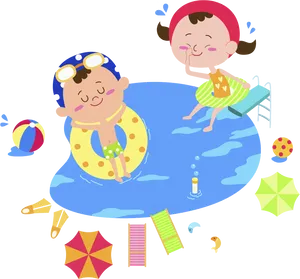 Summer Pool Fun Cartoon Kids PNG Image