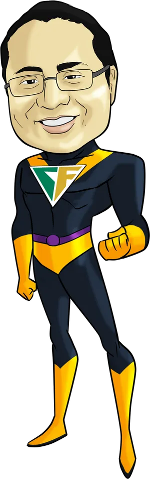 Superhero Caricature Manin Blackand Yellow Costume PNG Image