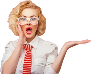 Surprised Woman Glasses Red Tie PNG Image