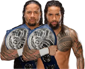 Tag Team Champions Posing With Belts PNG
