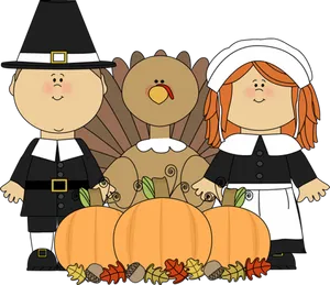 Thanksgiving Pilgrimsand Turkey Cartoon PNG Image