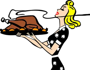 Thanksgiving Retro Woman Serving Turkey PNG Image