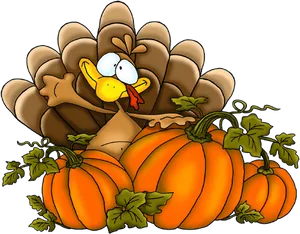 Thanksgiving Turkeyand Pumpkins Cartoon PNG Image