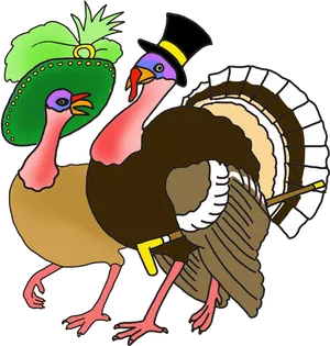 Thanksgiving Turkeysin Hats Cartoon PNG Image