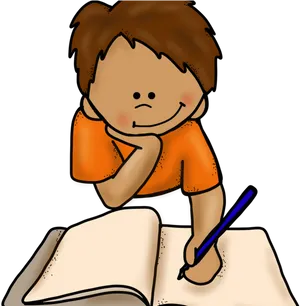 Thoughtful Child Writingin Notebook PNG Image