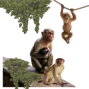 Three Monkeys Various Poses PNG Image