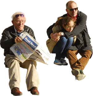 Three Person Reading Newspaperon Bench PNG Image