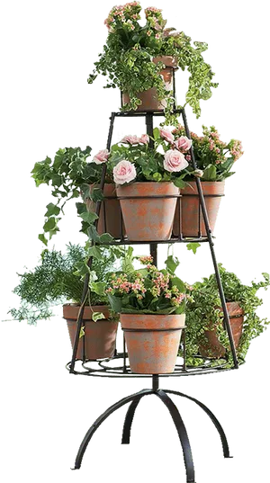 Tiered Plant Standwith Flowering Pots PNG Image