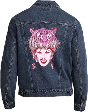 Tiger Face Denim Jacket Back PNG Image