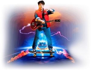 Time Traveling Skateboarderwith Guitar PNG Image