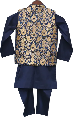 Traditional Blue Kurta With Gold Embroidery PNG Image