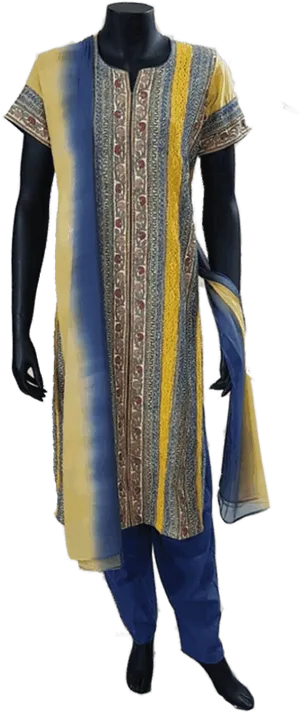 Traditional Blue Yellow Salwar Suit Mannequin PNG Image