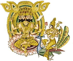 Traditional Depictionof Saraswatiand Brahma PNG Image