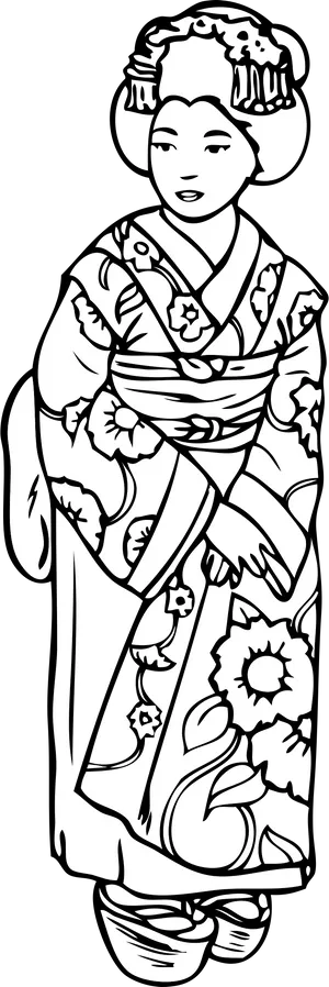 Traditional Geisha Line Art PNG Image