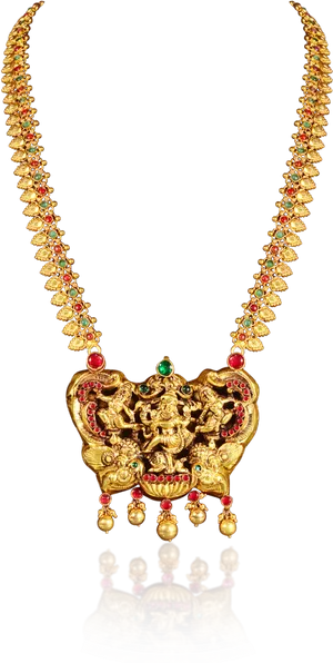 Traditional Indian Gold Necklace With Goddess Pendant PNG Image