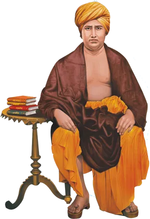 Traditional Indian Scholar Sitting With Books PNG Image