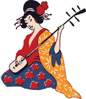 Traditional Japanese Geisha Playing Shamisen PNG Image