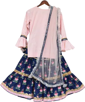 Traditional Pinkand Blue Kurtiwith Dupatta PNG Image