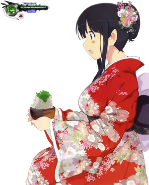 Traditional Red Kimono Anime Girl PNG Image