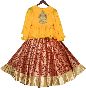 Traditional Yellow Blouse Red Lehenga Gold Trim PNG Image