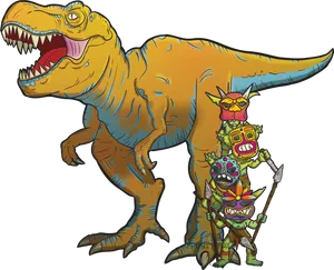 Tribal Masked Dinosaurs Illustration PNG Image