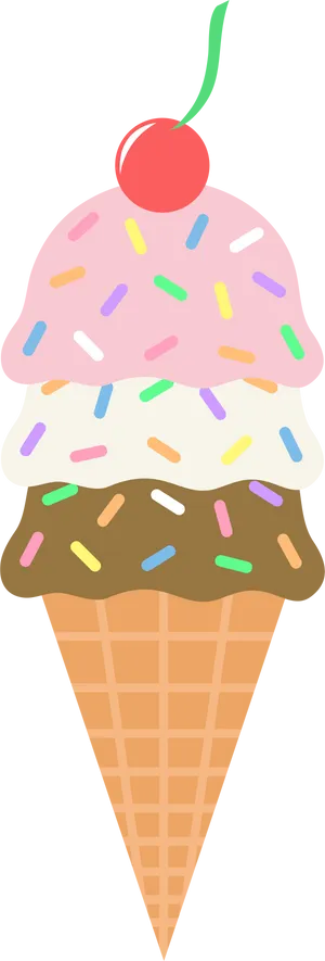 Triple Scoop Ice Cream Cone With Cherry PNG Image