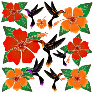 Tropical Birdsand Flowers Batik Pattern PNG Image