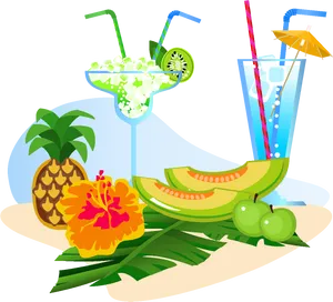 Tropical Fruit Cocktails Illustration PNG Image