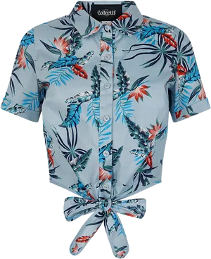 Tropical Print Tie Front Blouse PNG Image