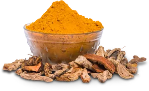 Turmeric Powderand Roots PNG Image