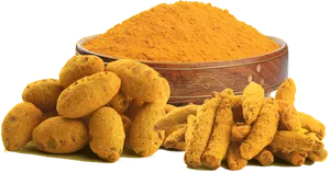 Turmeric Rootsand Powder PNG Image