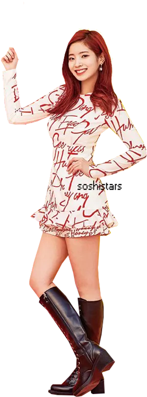 Twice Member Posingin Printed Dress PNG Image