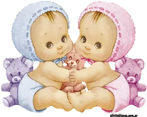 Twin Babies With Teddy Bears PNG Image