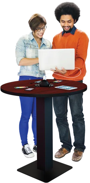 Two People Using Laptop Standing PNG Image