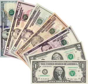 U S Currency Denominations Fanned Out PNG Image