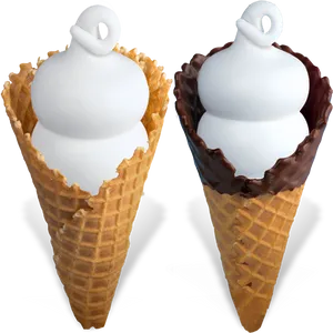 Vanilla Ice Cream Cones With Chocolate Dip PNG Image