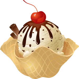 Vanilla Ice Cream Scoop Chocolate Drizzle Cherry PNG Image