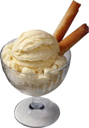 Vanilla Ice Cream Servingwith Wafer Sticks PNG Image