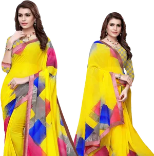 Vibrant Yellow Saree Model Dual Pose PNG Image